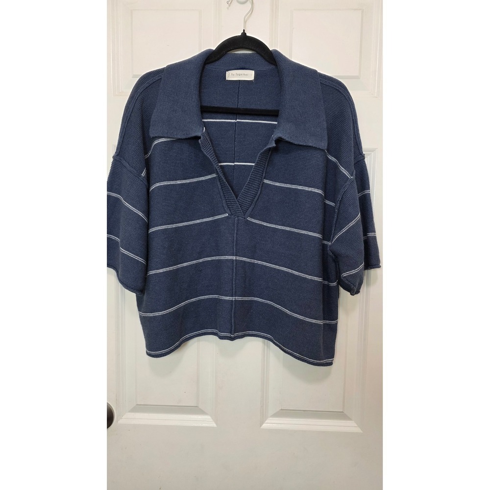By Together Polo Sweater Womens S Blue Striped Knit V-Neck Short Sleeve Oversize